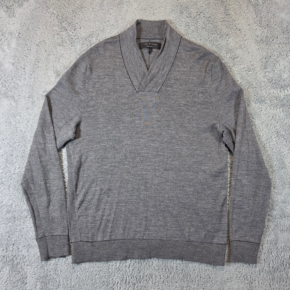 Rag & Bone Wool Sweater Mens Medium Grey Crossover V Neck Contrast Stitch Knit